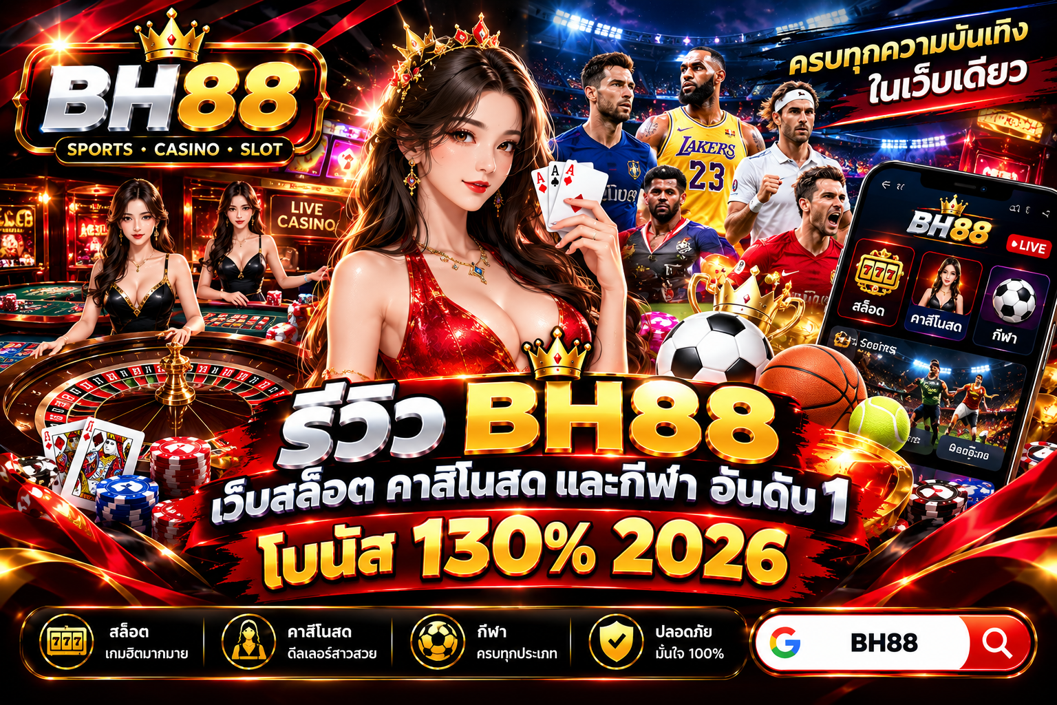 รีวิว BH88 : เว็บสล็อต คาสิโนสด และกีฬา อันดับ 1 โบนัส 130% 2026